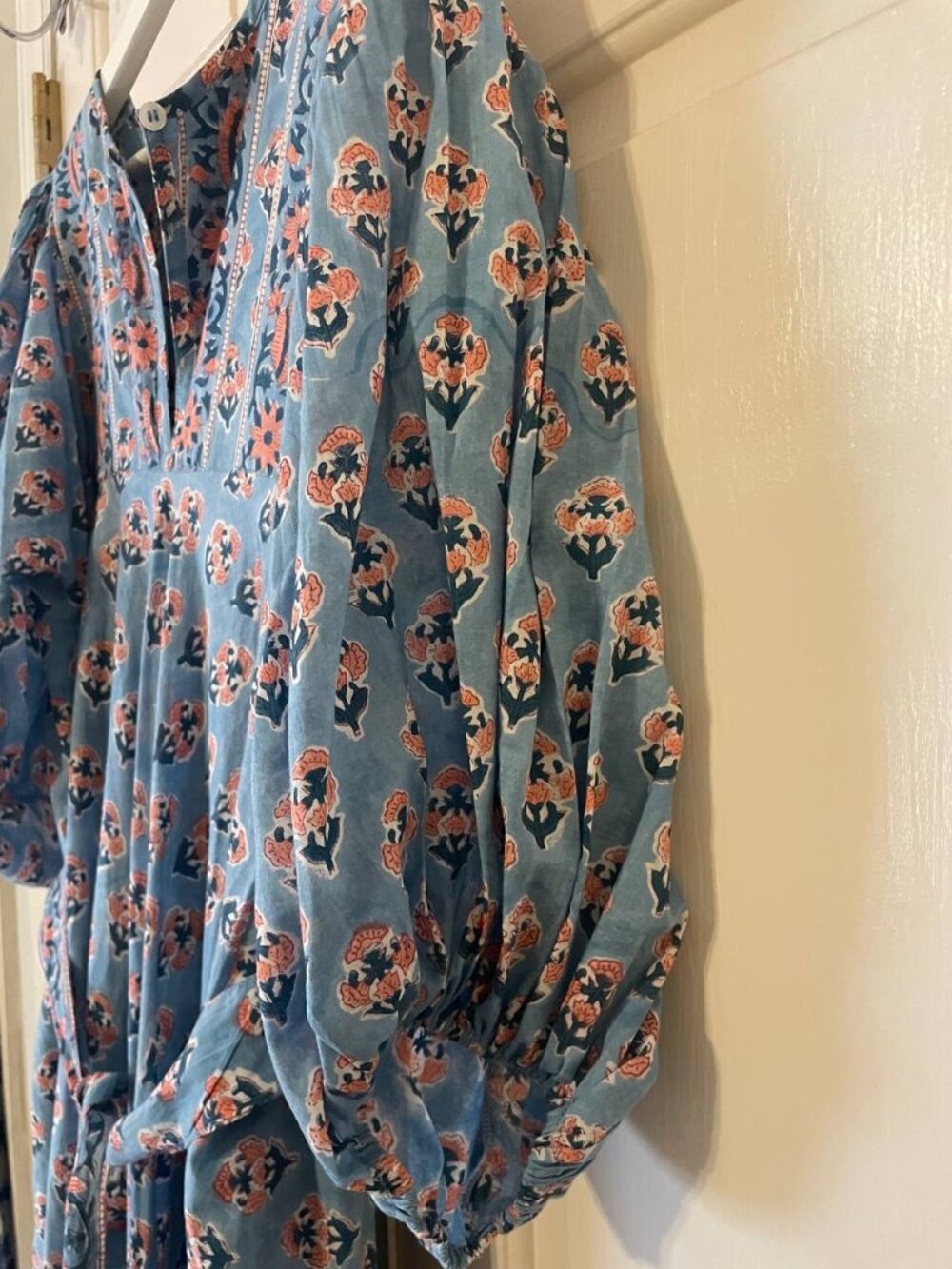 Marea Cotton blue floral Print Baloon Sleeve House dress Maxi Dress Sz 3 large - Picture 4 of 8